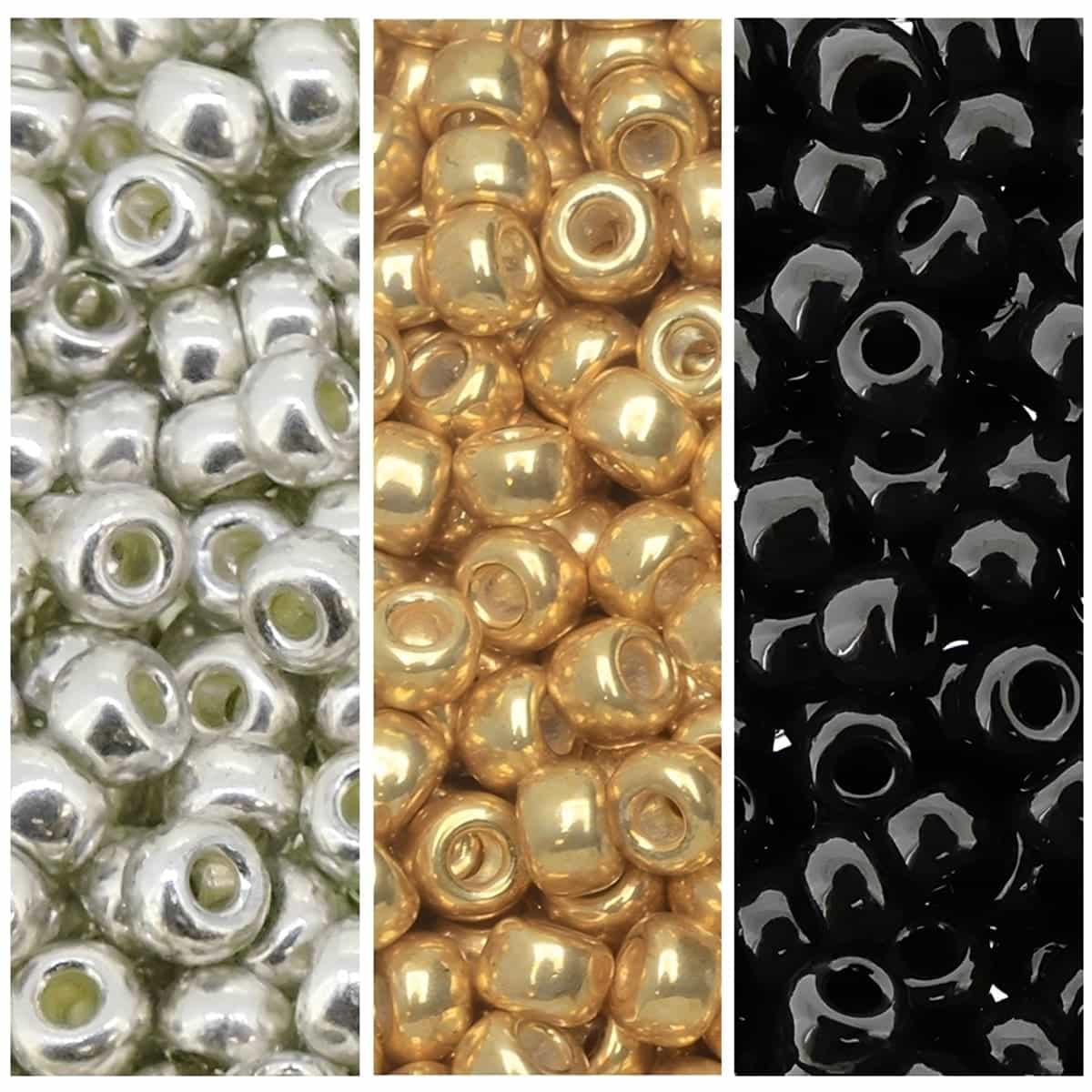 Set of 3 Colors 66GM Miyuki Round Seed Beads Size 8/0 Galvanized Silver, Gold & Black