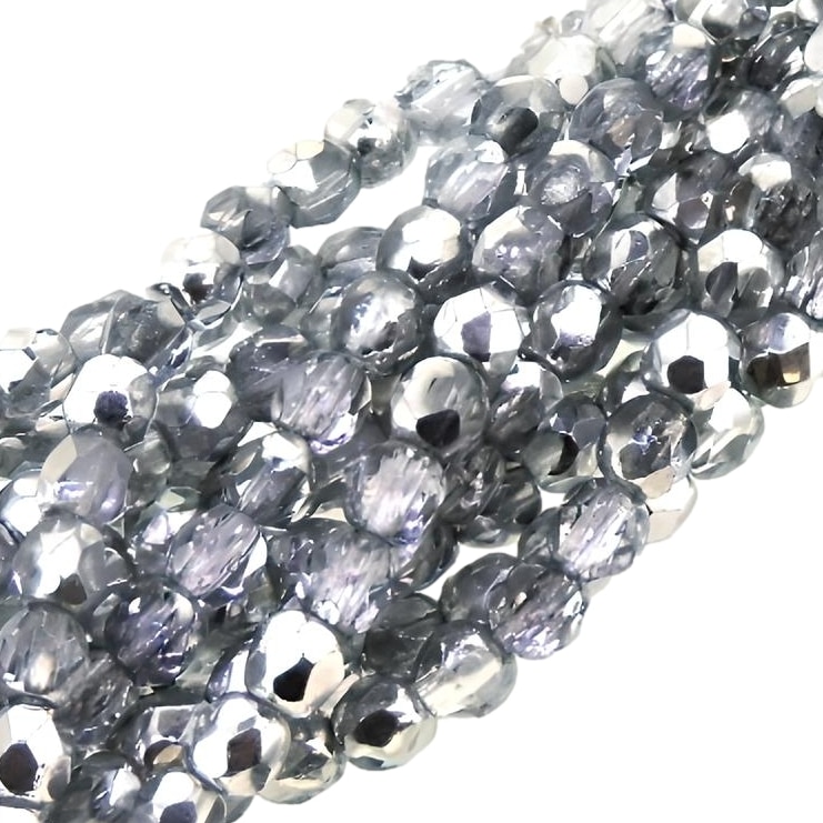 Fire Polished Faceted 3mm Round Beads 50pcs – Silver Half Coat