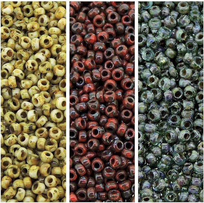 Set of 3 Colors 69GM Miyuki Seed Beads Size 11/0 Picasso Canary, Red, Olivine Collection