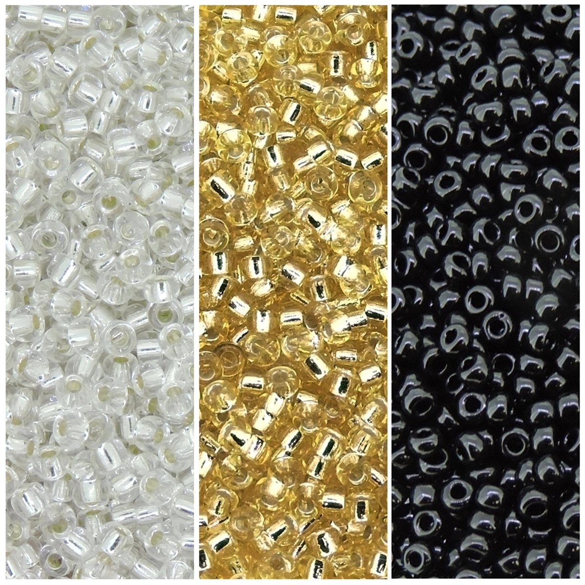 Set of 3 Colors 69GM, Miyuki Seed Beads Round Size 11/0, Silver Lined Crystal, Light Gold & Jet Black
