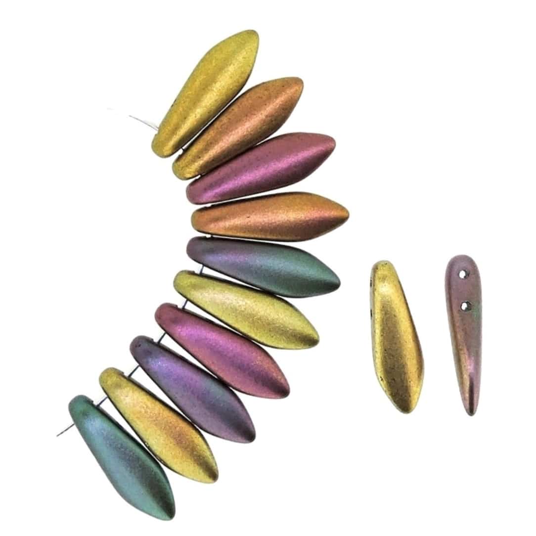 Dagger Beads 2-Hole 5x16mm Violet Gold Rainbow 25pcs