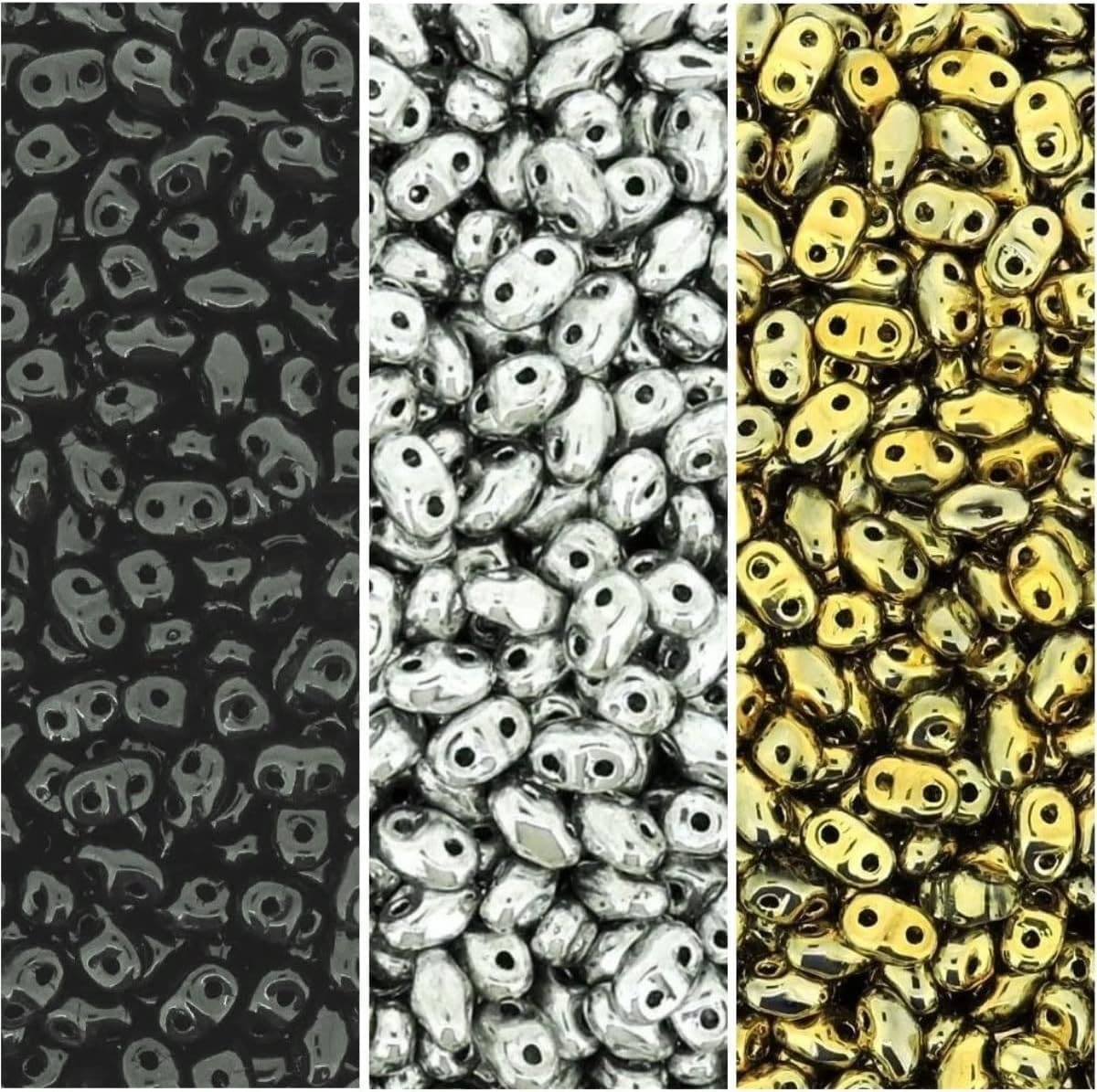 Set of 3 Colors MiniDuo Beads 24GM 4x2mm Black, Silver, Gold Combo