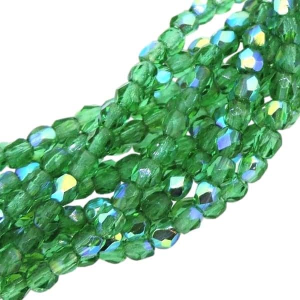 Fire Polished Faceted 3mm Round Beads 50pcs – Emerald Green AB