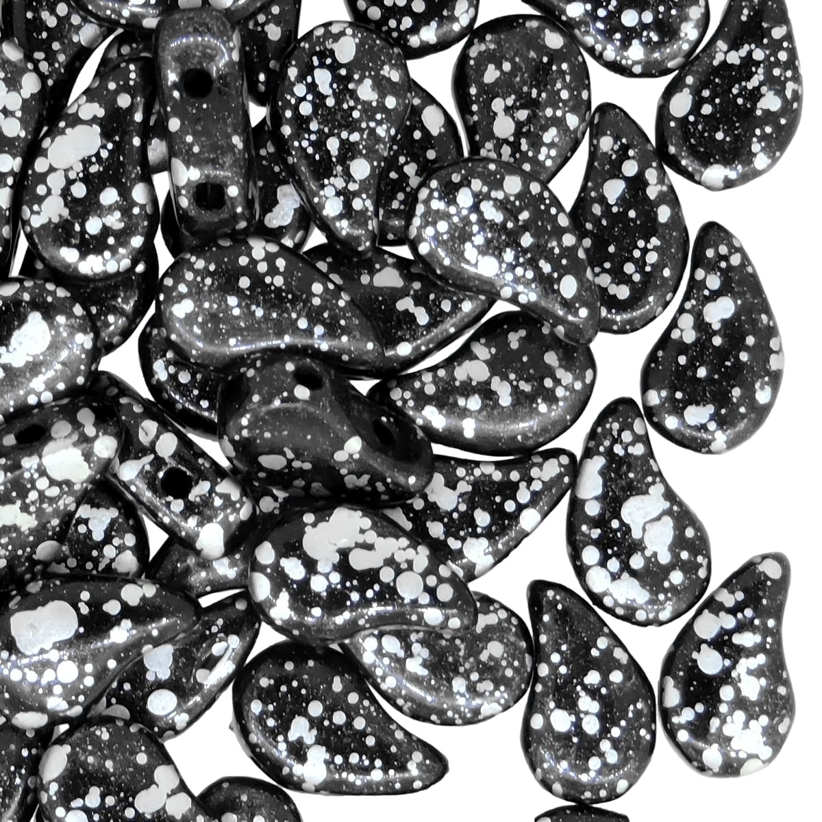 Paisley Duo Beads Czech Glass 8x5mm 10GM Jet Silver Splash