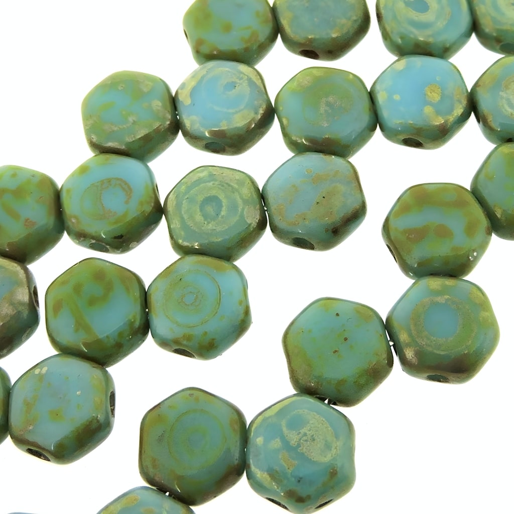 Honeycomb Beads 2-Hole Glass 6mm 30pcs Turquoise Picasso
