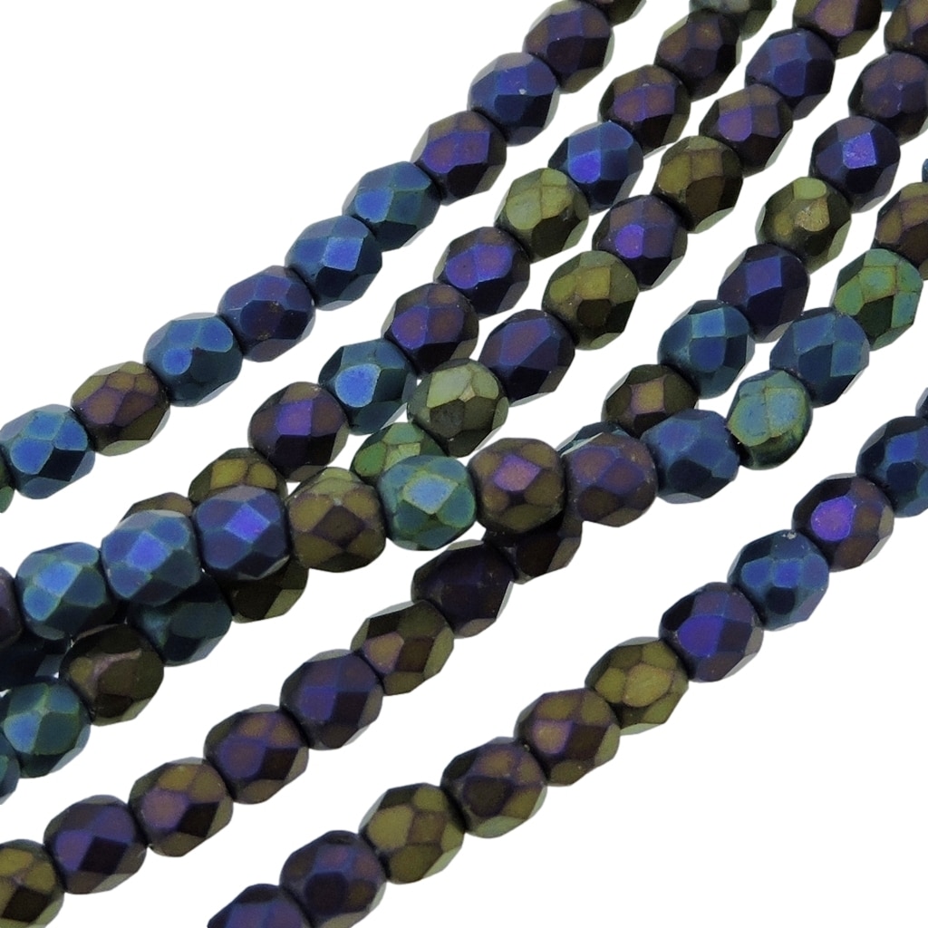 Fire Polished Faceted 3mm Round Beads 50pcs – Jet Blue Iris Matte