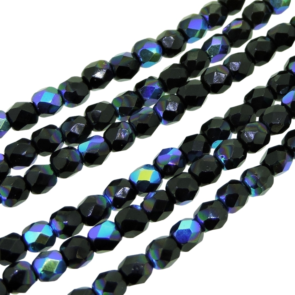 Fire Polished Faceted 3mm Round Beads 50pcs – Jet AB