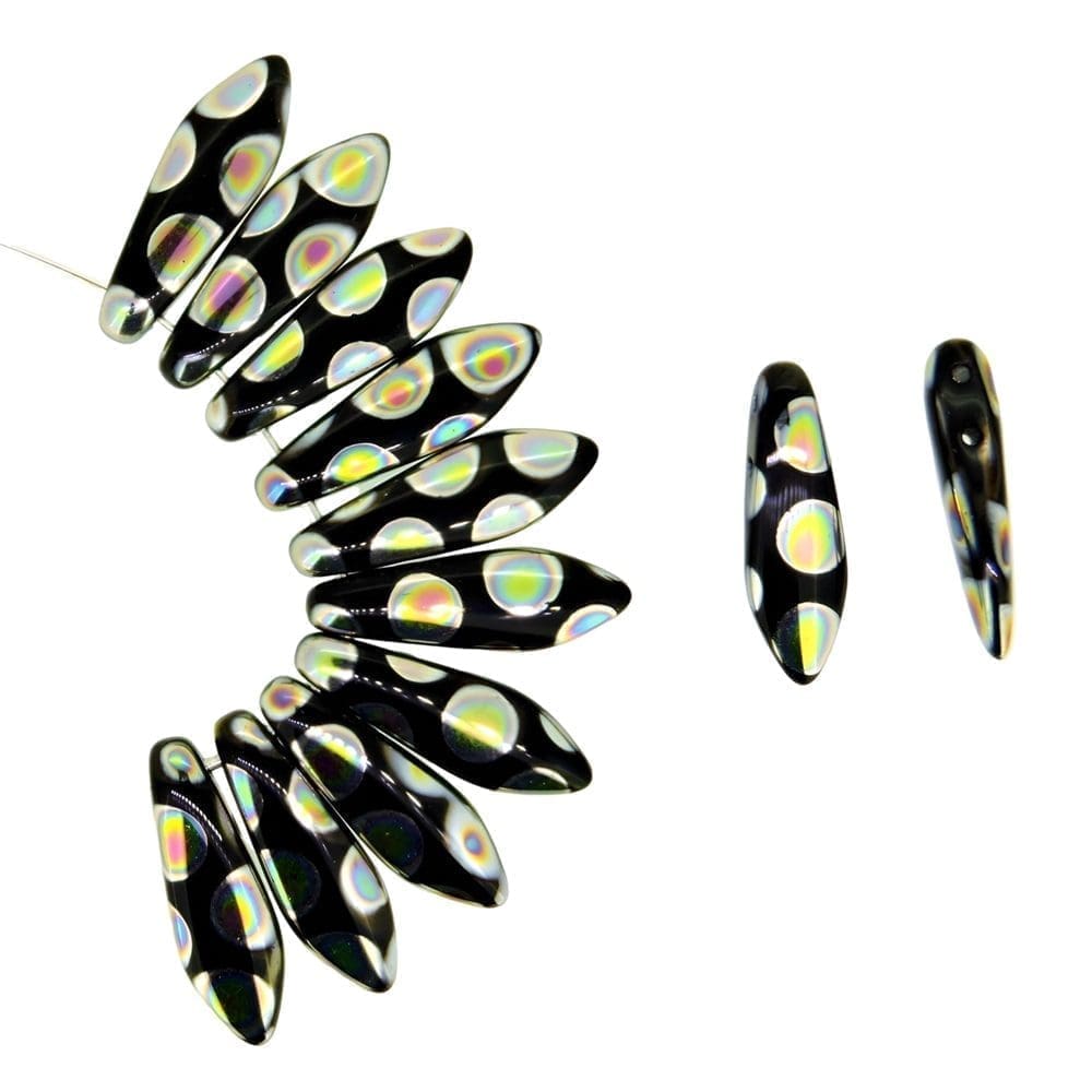 Dagger Beads 2-Hole 5x16mm Jet Vitrail Dots 25pcs