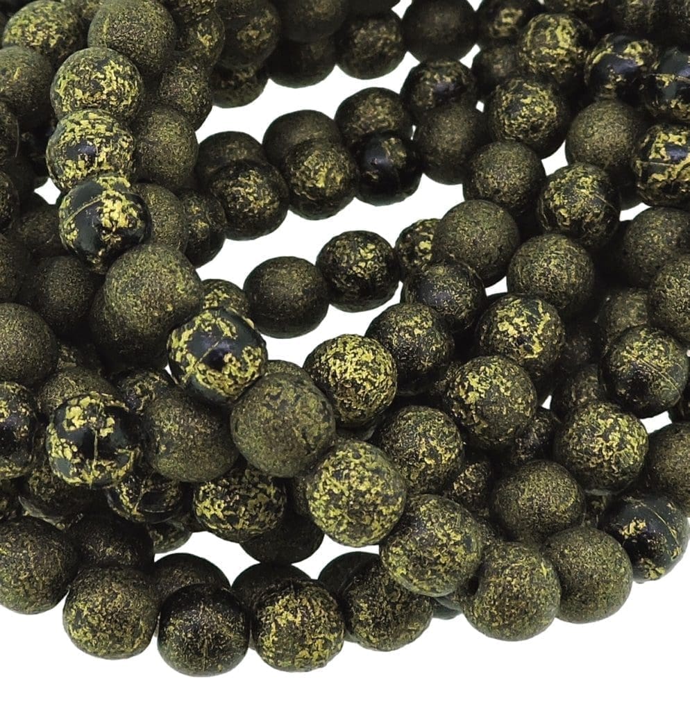 Round Druk Czech Beads 6mm Black w/ Etched Gold Finish