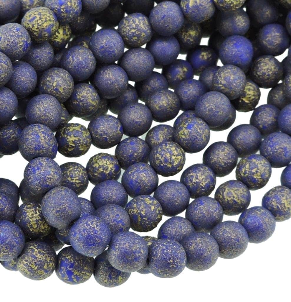 Round Druk Czech Beads 6mm Indigo w/ Etched Gold Wash
