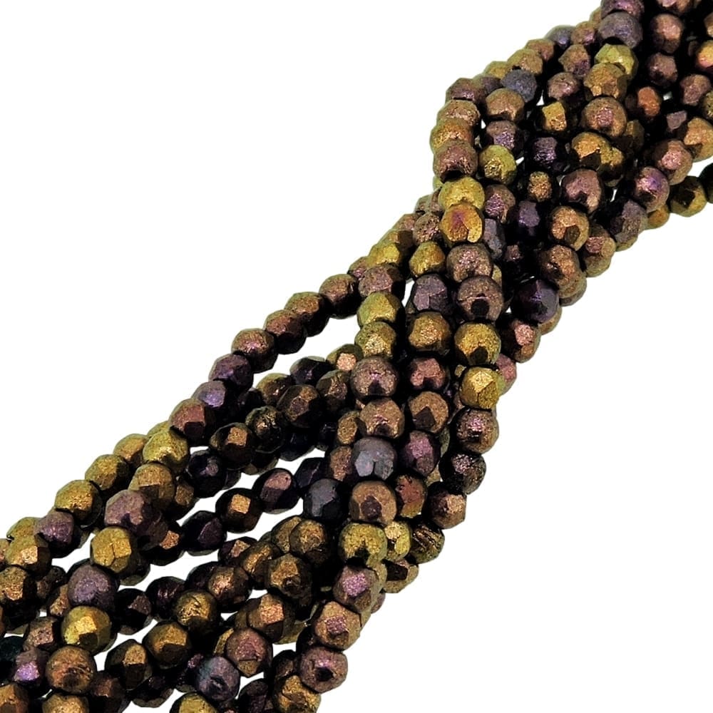 Fire Polished Faceted 2mm Round Beads 50pcs – Matte Metallic Gold Iris