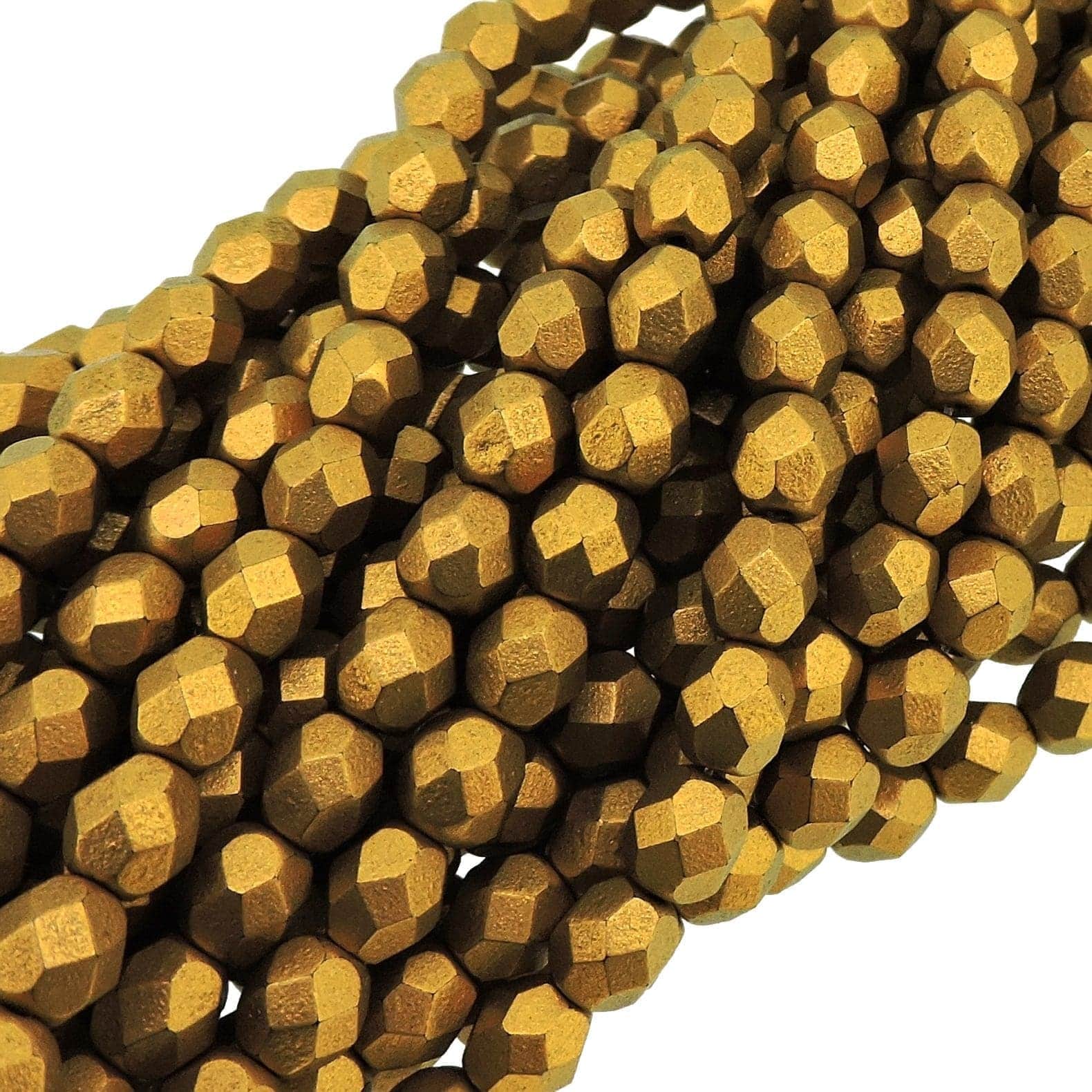 Fire Polished Faceted 6mm Round Beads 6″str – Metallic Goldenrod