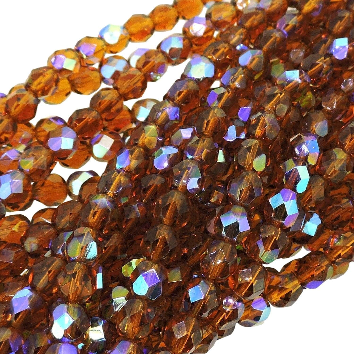 Fire Polished Faceted 6mm Round Beads 6″str – Dark Topaz AB