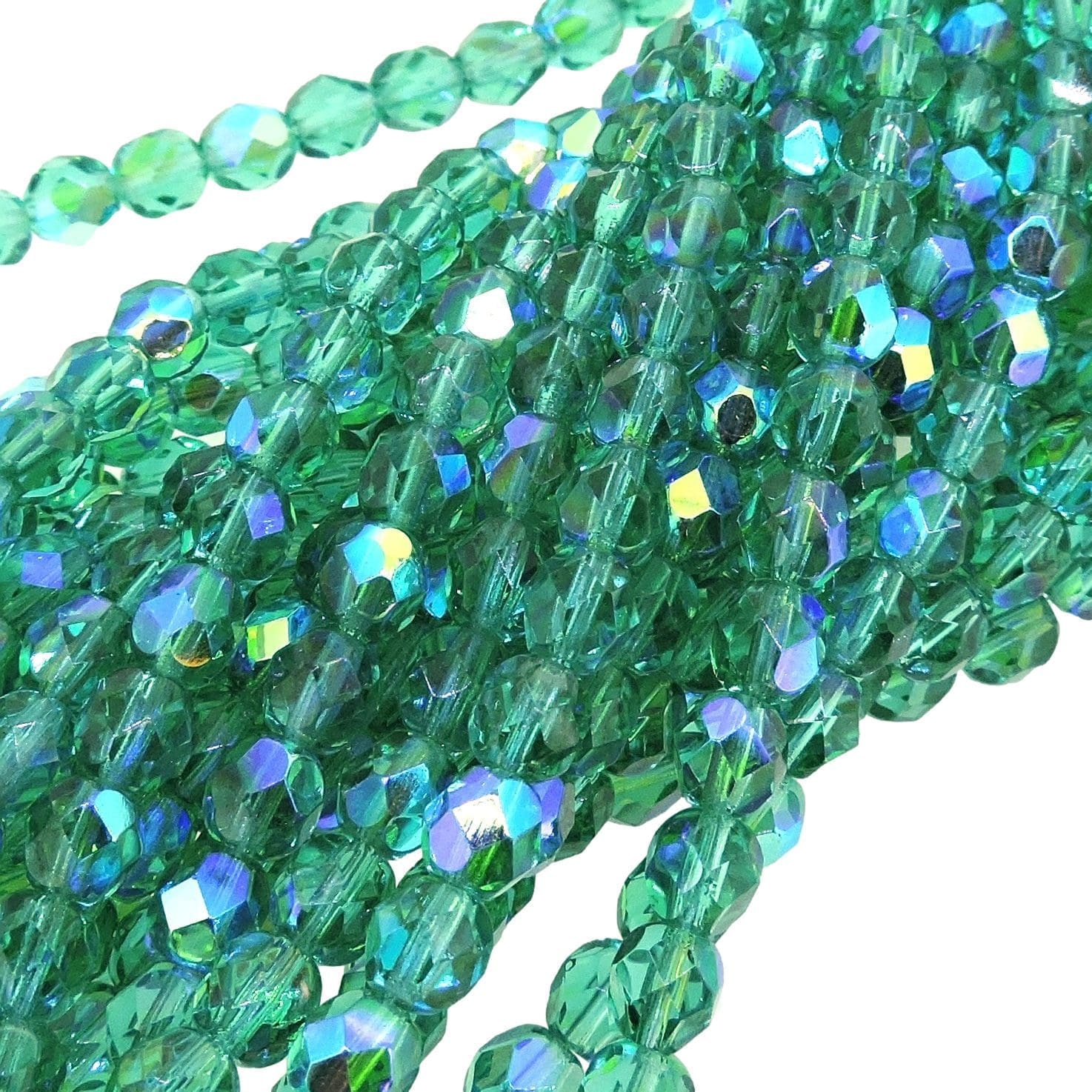 Fire Polished Faceted 6mm Round Beads 6″str – Lt Teal Green AB