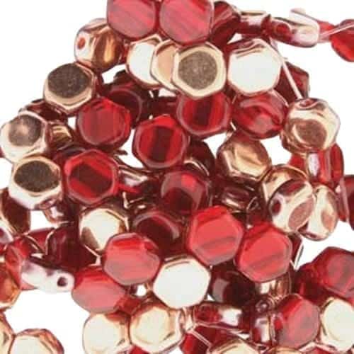 Czech Glass Honeycomb Beads 2-Hole 6mm 30 Pcs Ruby Capri Gold