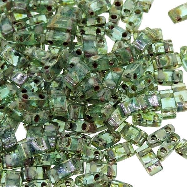 Miyuki Half Tila Beads 2.3 x 5mm 7.8GM Picasso Transparent Olivine Green
