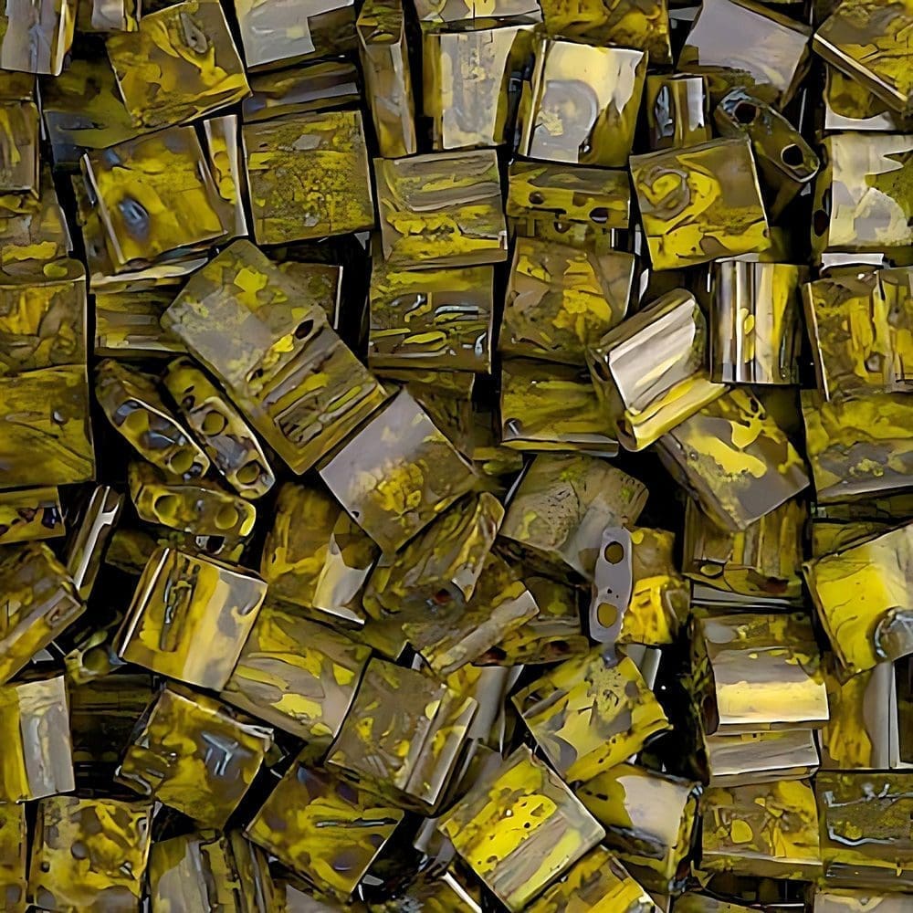 Miyuki Tila Beads 5mm 2-Hole Square Opaque Yellow Picasso 7.2GM