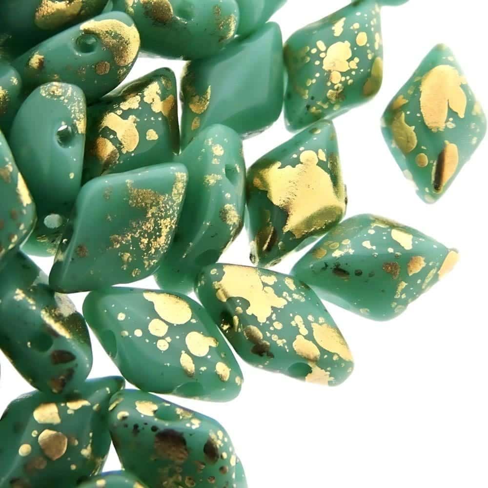 GemDuo Beads 2-Hole 8x5mm 10GM – Gold Splash Opaque Turquoise Green
