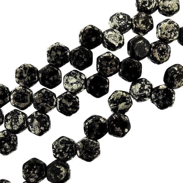 Honeycomb Beads 2-Hole Glass 6mm 30pcs Jet Silver Splash