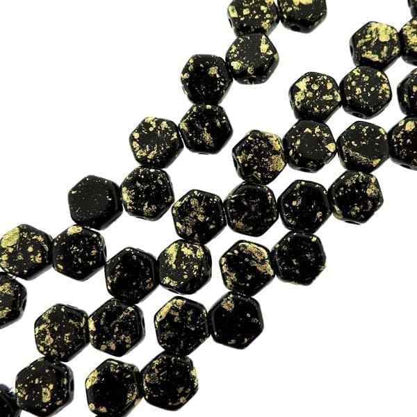 Honeycomb Beads 2-Hole Glass 6mm 30pcs Jet Gold Splash