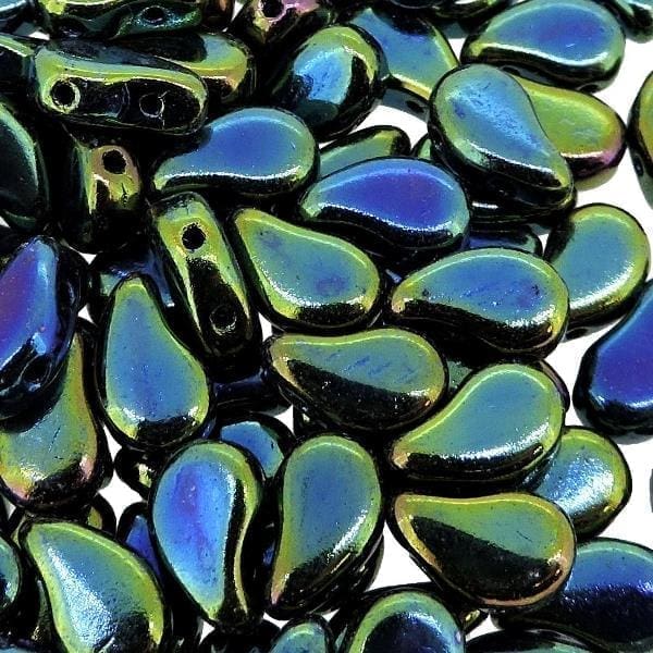 Paisley Duo Beads Czech Glass 8x5mm 10GM Jet Green Iris