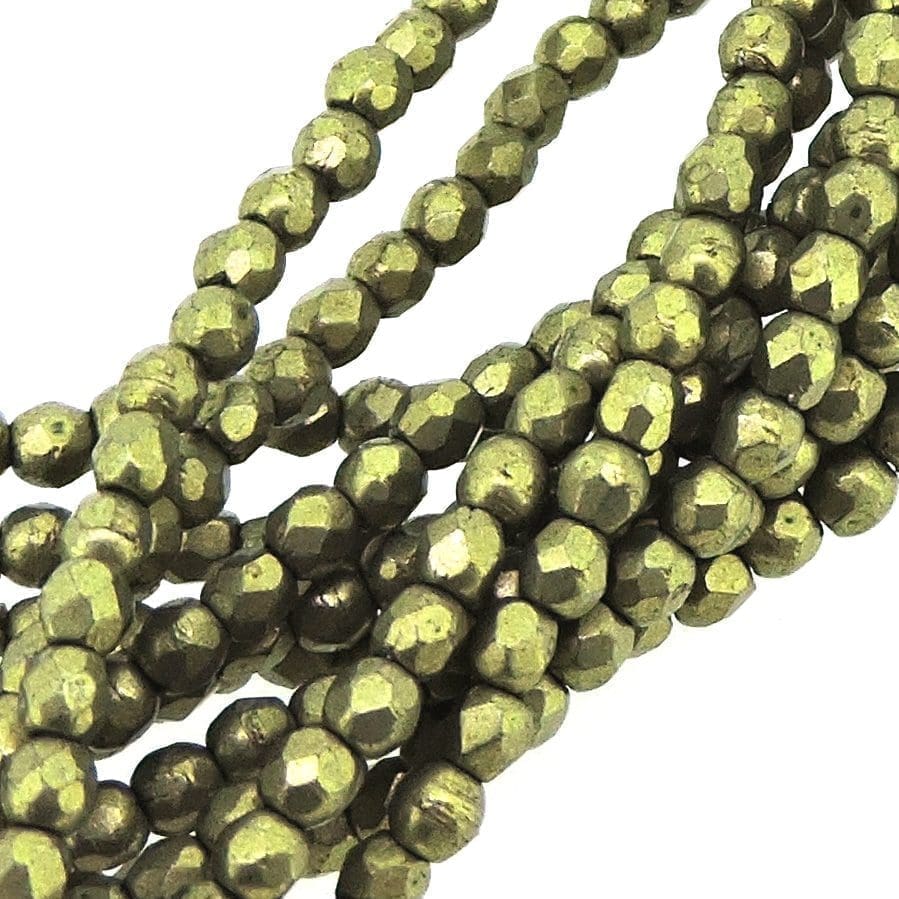 Fire Polished Faceted 2mm Round Beads 50pcs – Saturated Metallic Gold Lime