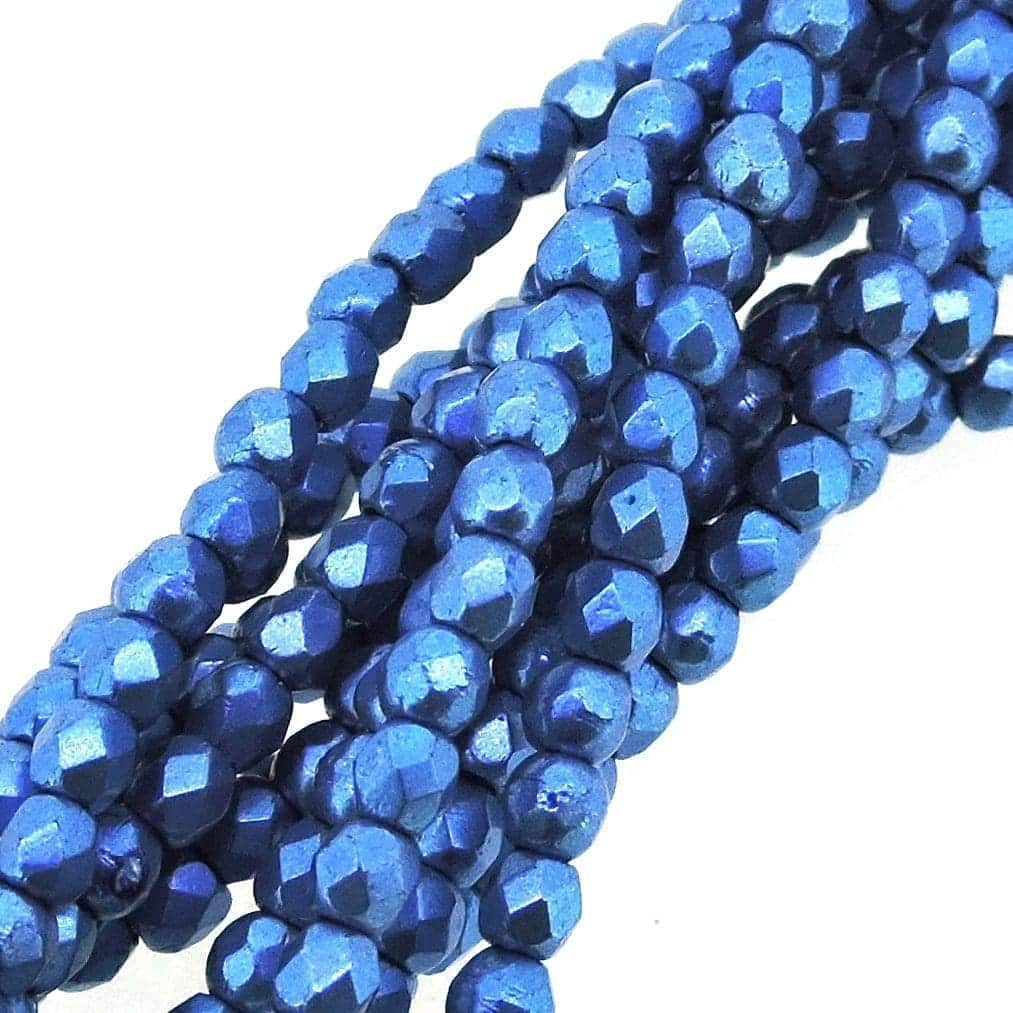 Fire Polished Faceted 2mm Round Beads 50pcs – Saturated Metallic Nebulas Blue