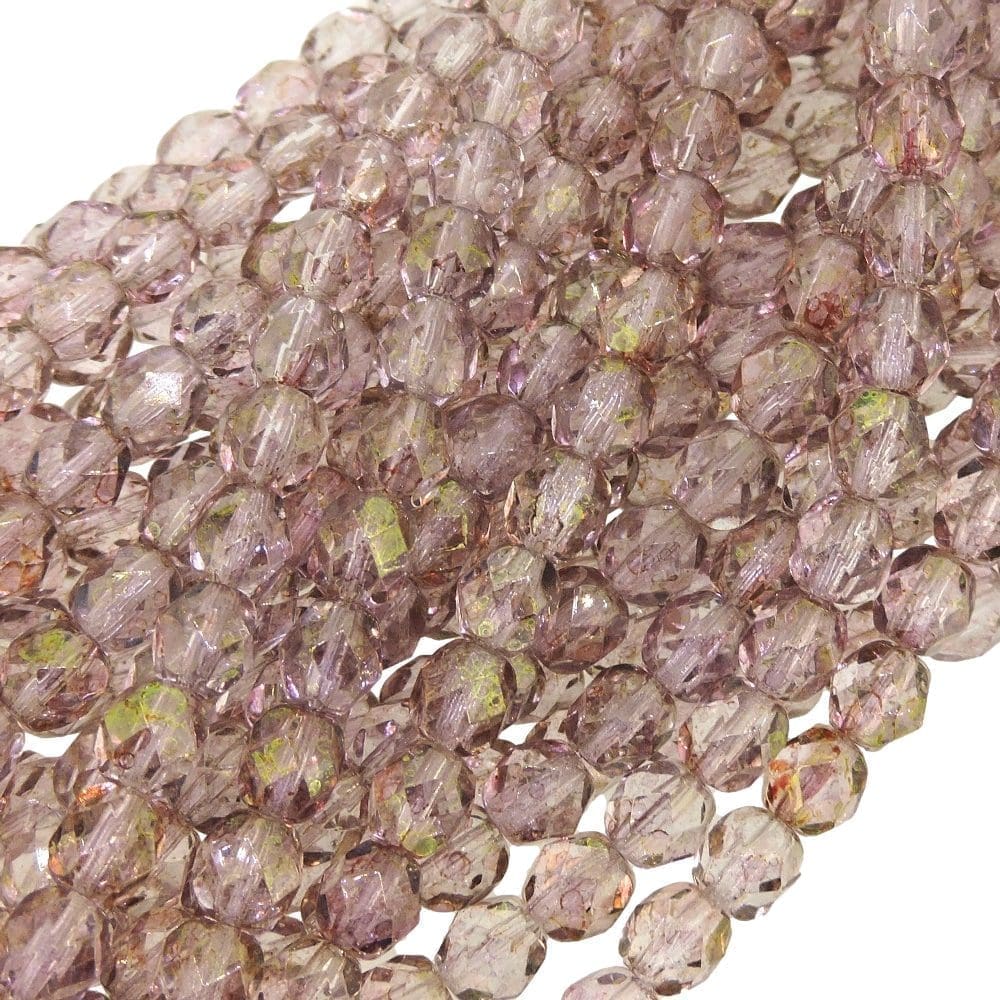 Fire Polished Faceted 6mm Round Beads 6″str – Luster Topaz / Pink