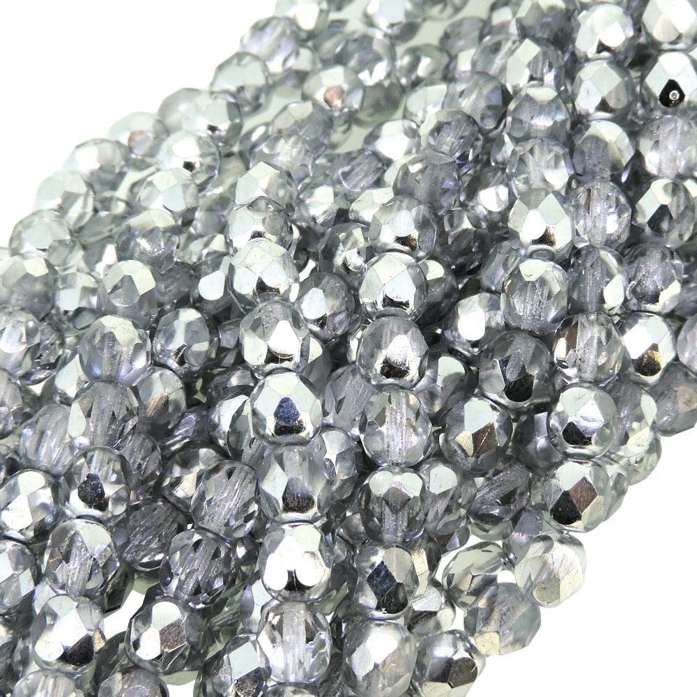Fire Polished Faceted 6mm Round Beads 6″str – Silver 1/2 Coat