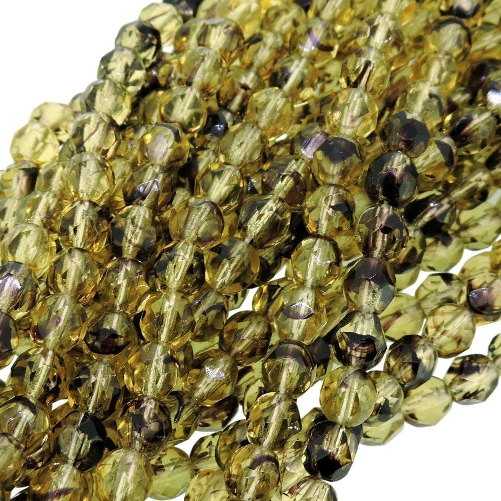 Fire Polished Faceted 6mm Round Beads 6″str – Hurricane Jonquil/Amy