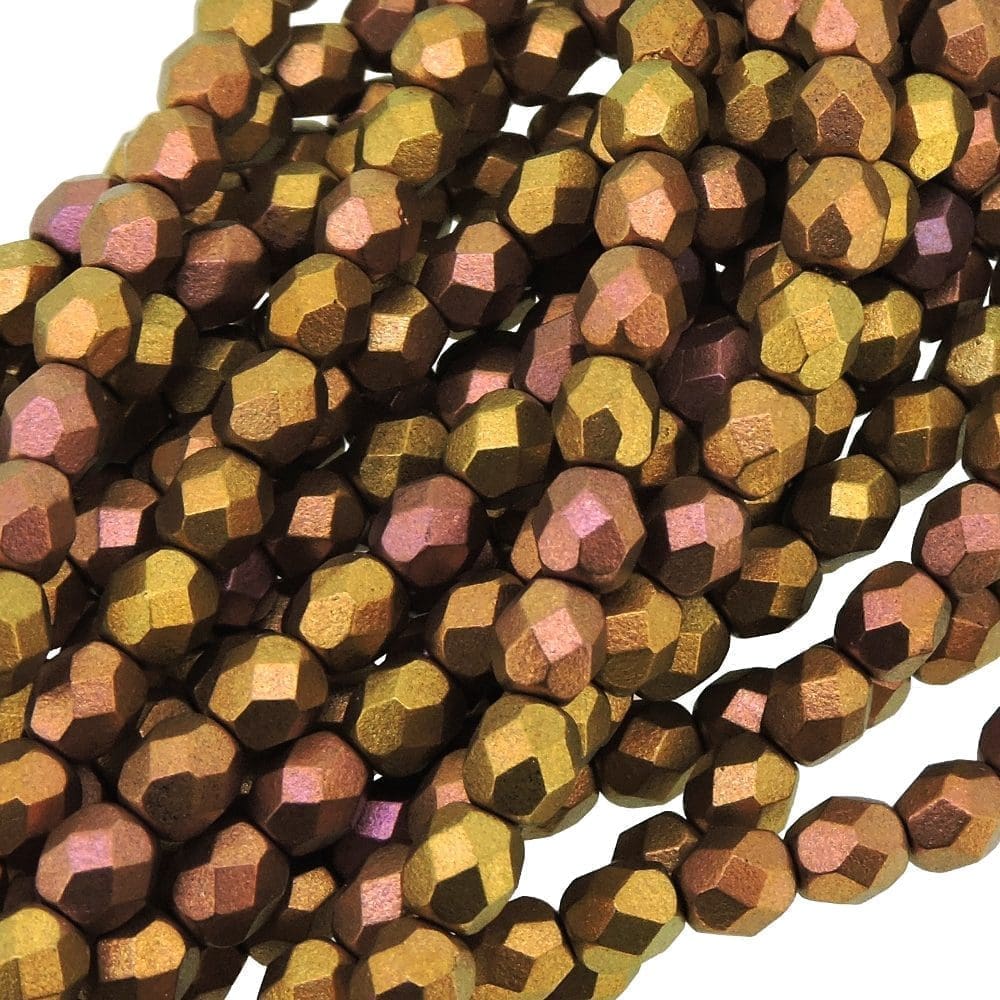 Fire Polished Faceted 6mm Round Beads 6″str – Metallic Gold Iris