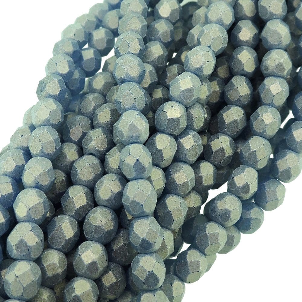 Fire Polished Faceted 6mm Round Beads 6″str – Sueded Gold Capri Blue