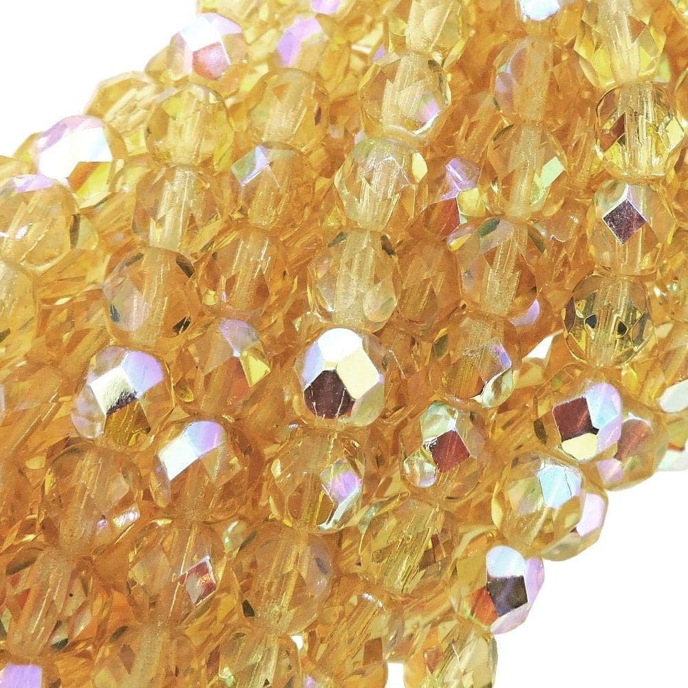 Fire Polished Faceted 6mm Round Beads 6″str – Light Topaz AB