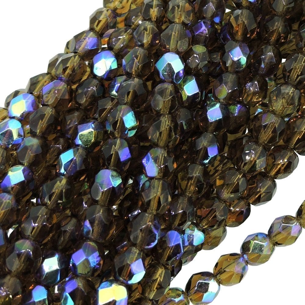 Fire Polished Faceted 6mm Round Beads 6″str – Smoky Topaz AB