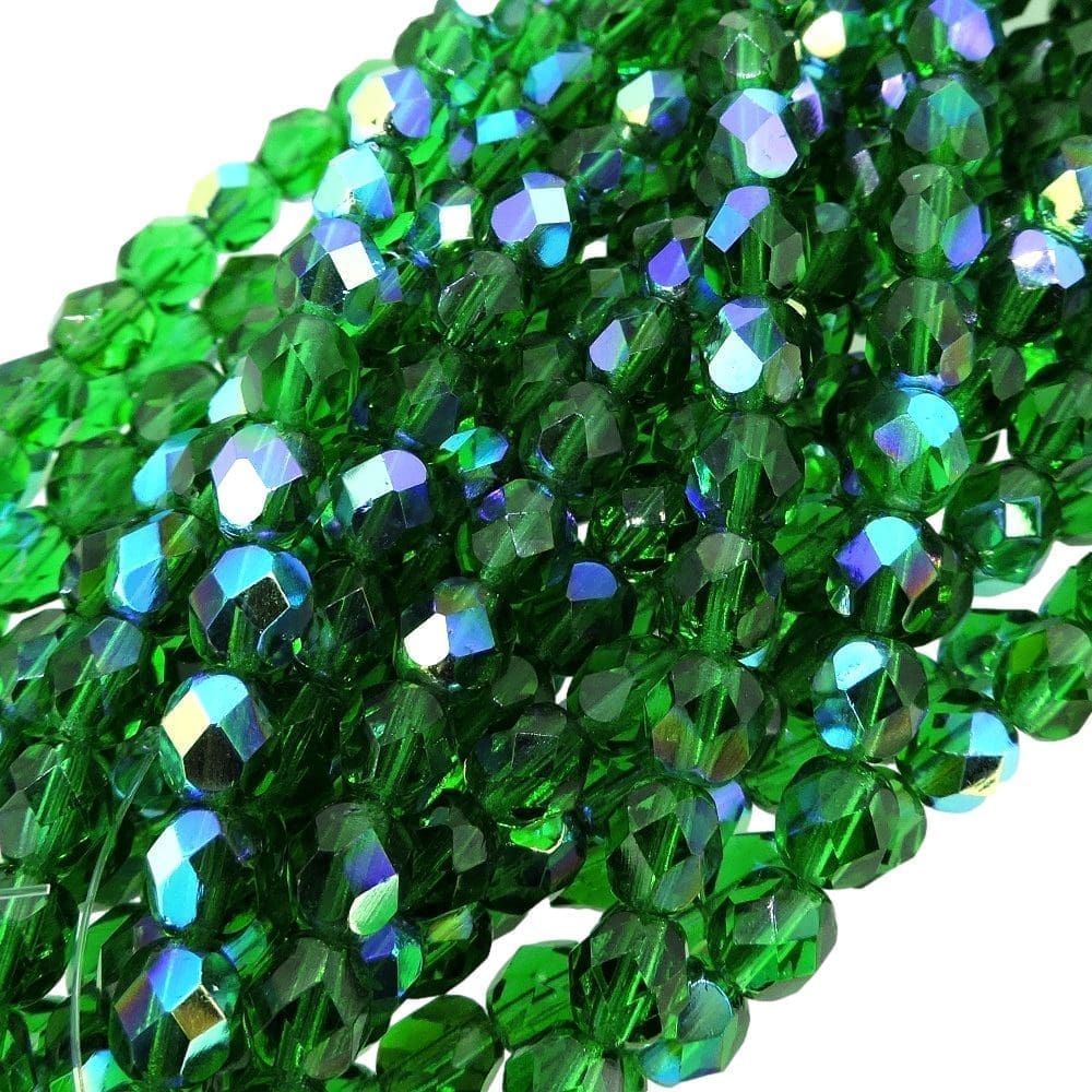 Fire Polished Faceted 6mm Round Beads 6″str – Green Emerald AB