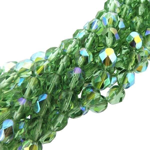 Fire Polished Faceted 6mm Round Beads 6″str – Light Prairie Green AB