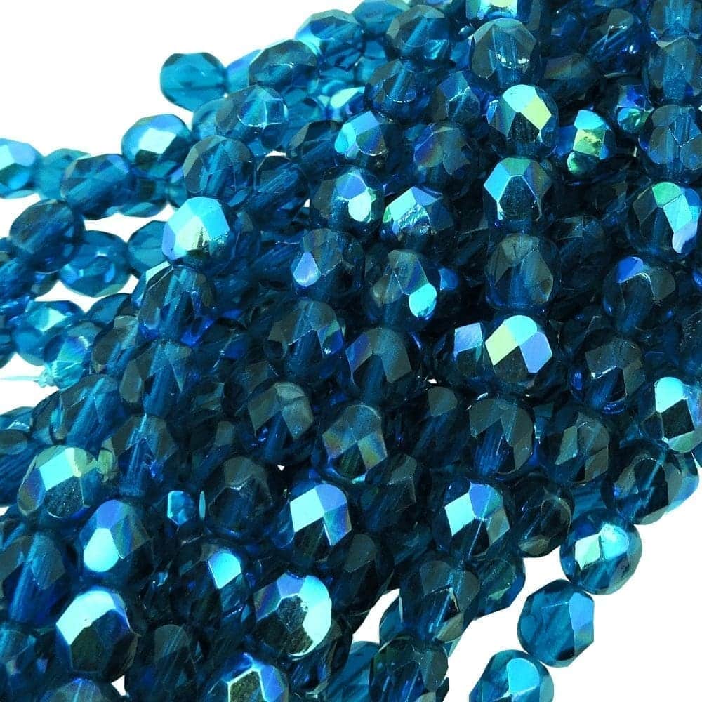 Fire Polished Faceted 6mm Round Beads 6″ str – Capri Blue AB