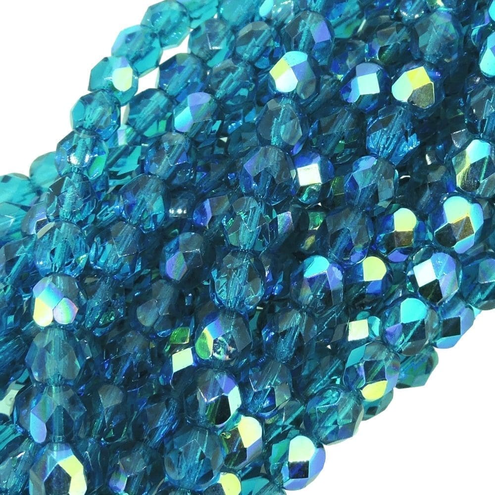 Fire Polished Faceted 6mm Round Beads 6″str – Teal AB