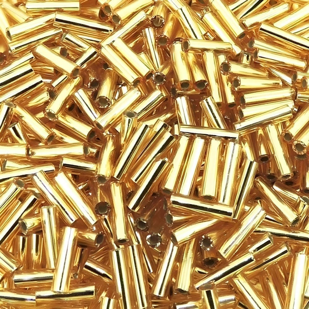 Miyuki Bugle Beads Size #2, 6mm, 17GM Tube, Silver Lined Gold