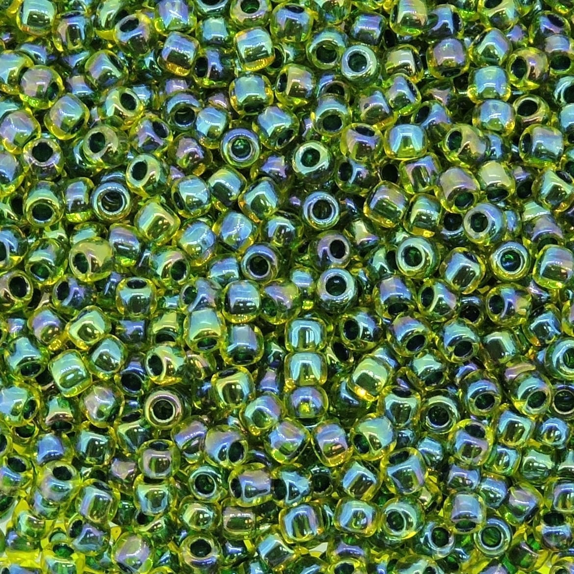 Toho Seed Beads Round Size 11/0 28GM Forest Green Lined Rainbow Jonquil